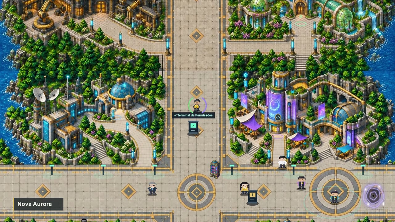 Nova Aurora: uma cidade do jogo com caminhos, jardins e construções para explorar